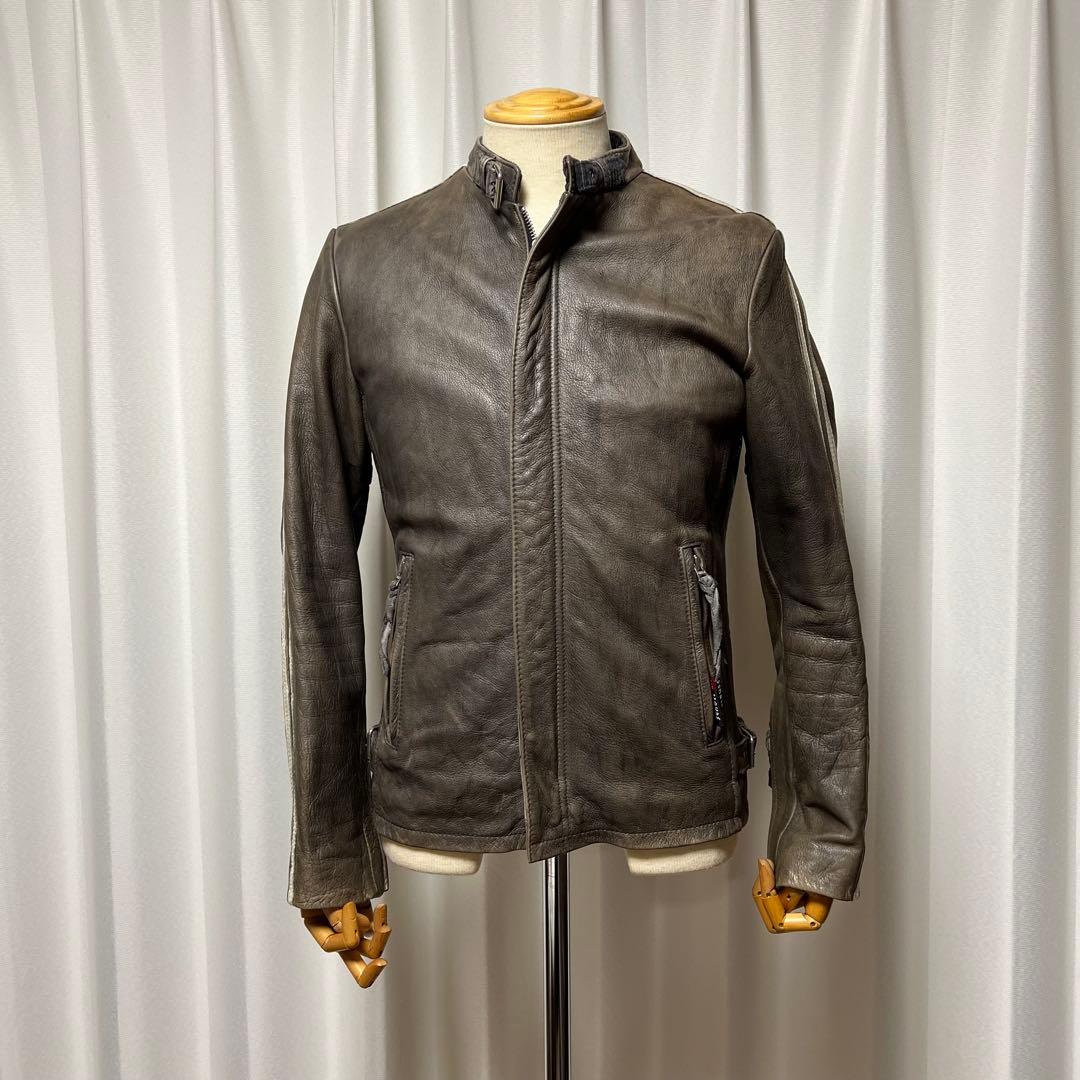 Schottクラッシックレーサー　シングルライダース　カーキ　袖白2本線　牛革S