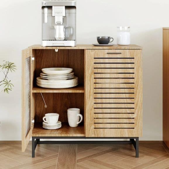 最終値下げ　キャビネット サイドボード LEDライト付き 両開き扉収納 木目調