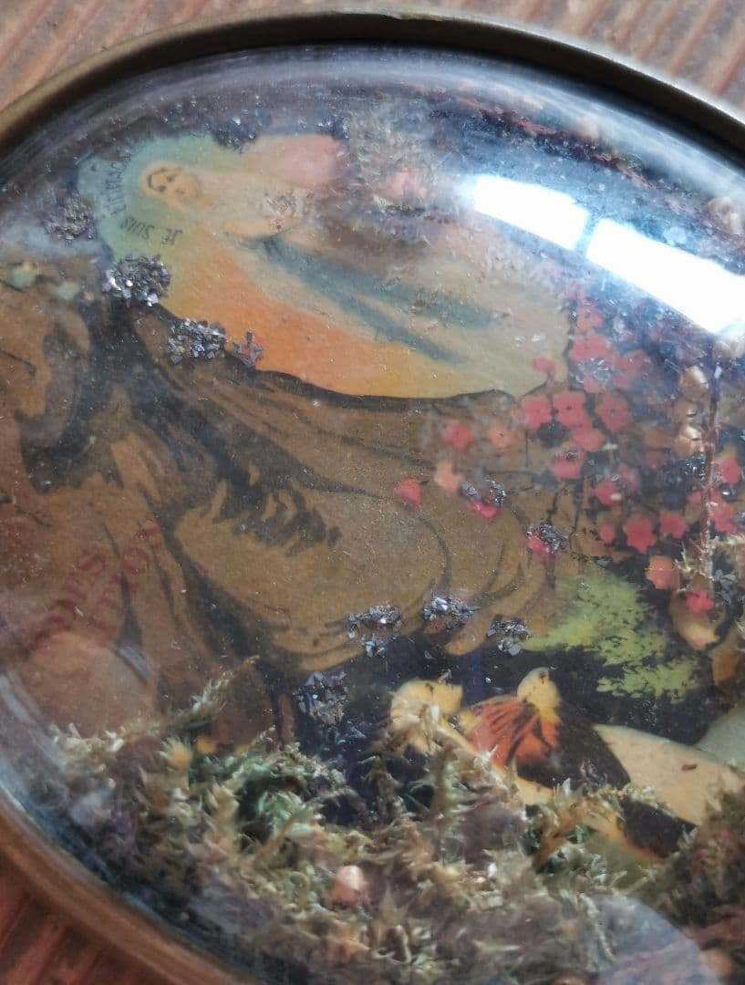 アンティーク ルルドのマリア 真鍮ガラスドームフレーム イコン ドライフラワー飾