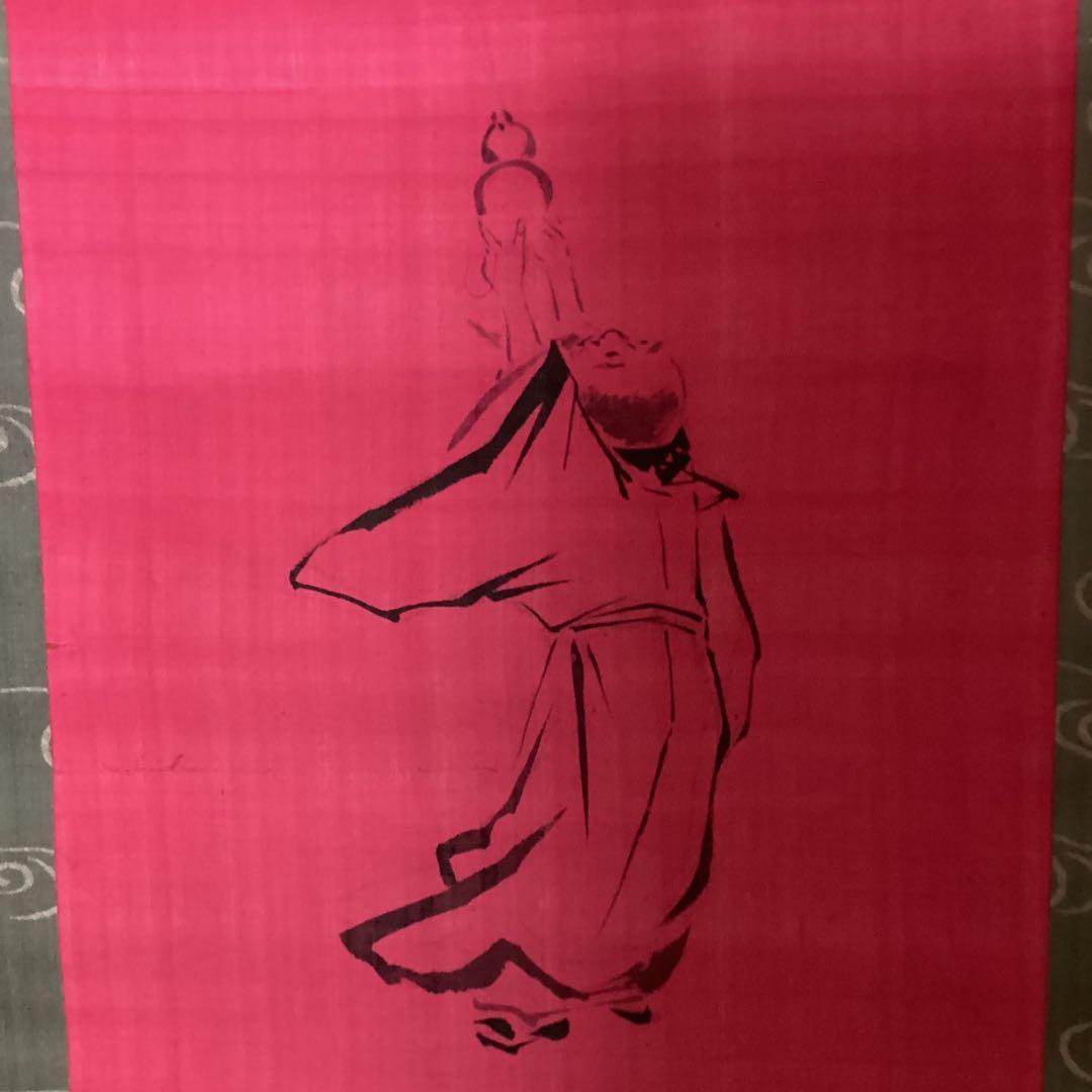 中国画　　肉筆画　【　通玄仙人瓢箪から駒之図　】　朱の絹本下地に水墨　381