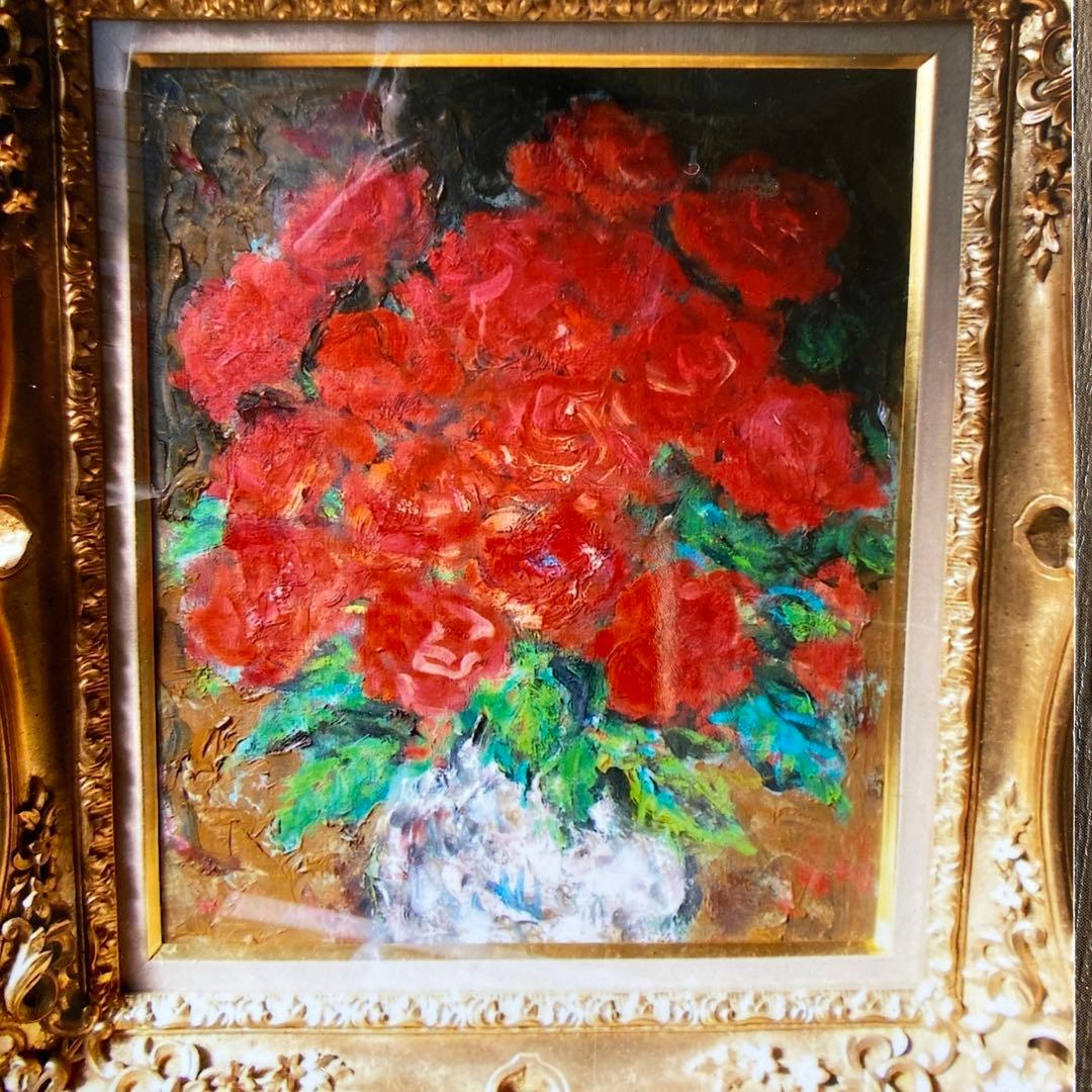 絵画　菊地正則　「赤いバラ」 油彩画　真作　額付き　額装　ゴージャス　F8 美品