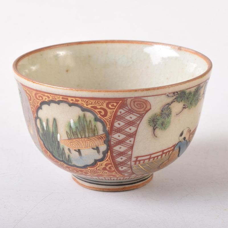 九谷焼　古九谷　九谷庄三造　赤絵金彩　山水楼閣人物文　煎茶碗　五客　C　8269