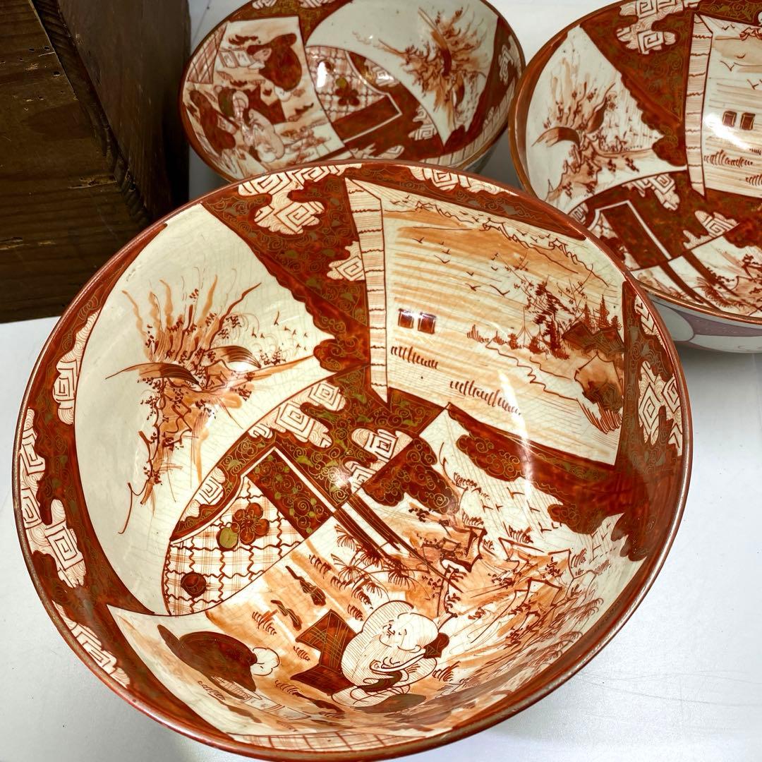 明治初期　九谷焼赤絵三ツ鉢　木箱付　東Y7-0404②トヒチサ