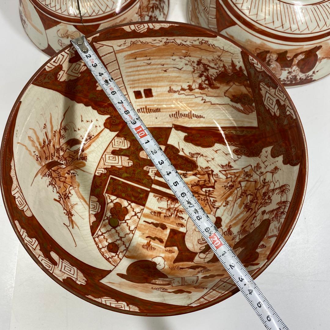 明治初期　九谷焼赤絵三ツ鉢　木箱付　東Y7-0404②トヒチサ