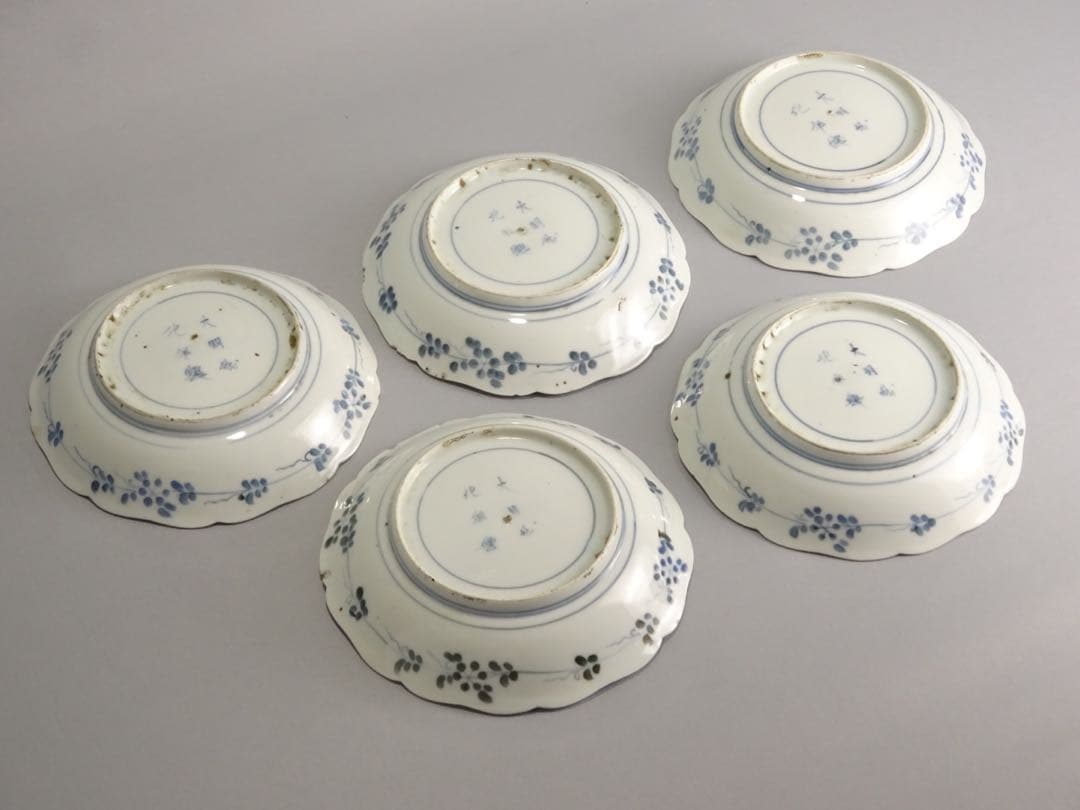 江戸時代　前期　古伊万里　藍九谷様式　染付　松林文　輪花形　皿　5客　銘々皿