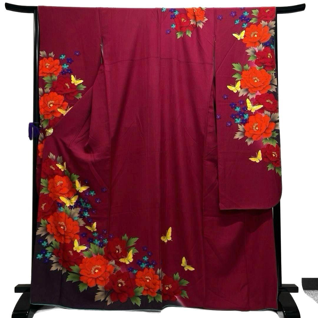 振袖　金彩　牡丹　花模様　蝶　ワインレッド　成人式 晴れの日 着物 052a p