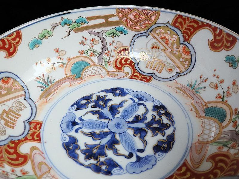 古伊万里　色絵 　窓絵　双葉葵に源氏香　竹垣に松の図　深鉢　D286AS-CEp