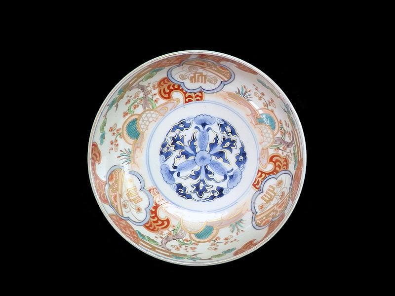 古伊万里　色絵 　窓絵　双葉葵に源氏香　竹垣に松の図　深鉢　D286AS-CEp