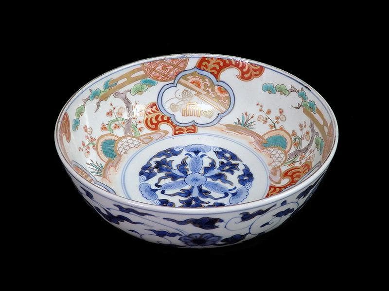 古伊万里　色絵 　窓絵　双葉葵に源氏香　竹垣に松の図　深鉢　D286AS-CEp