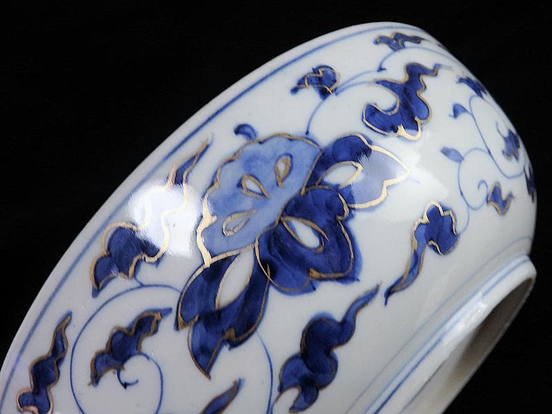 古伊万里　色絵 　窓絵　双葉葵に源氏香　竹垣に松の図　深鉢　D286AS-CEp