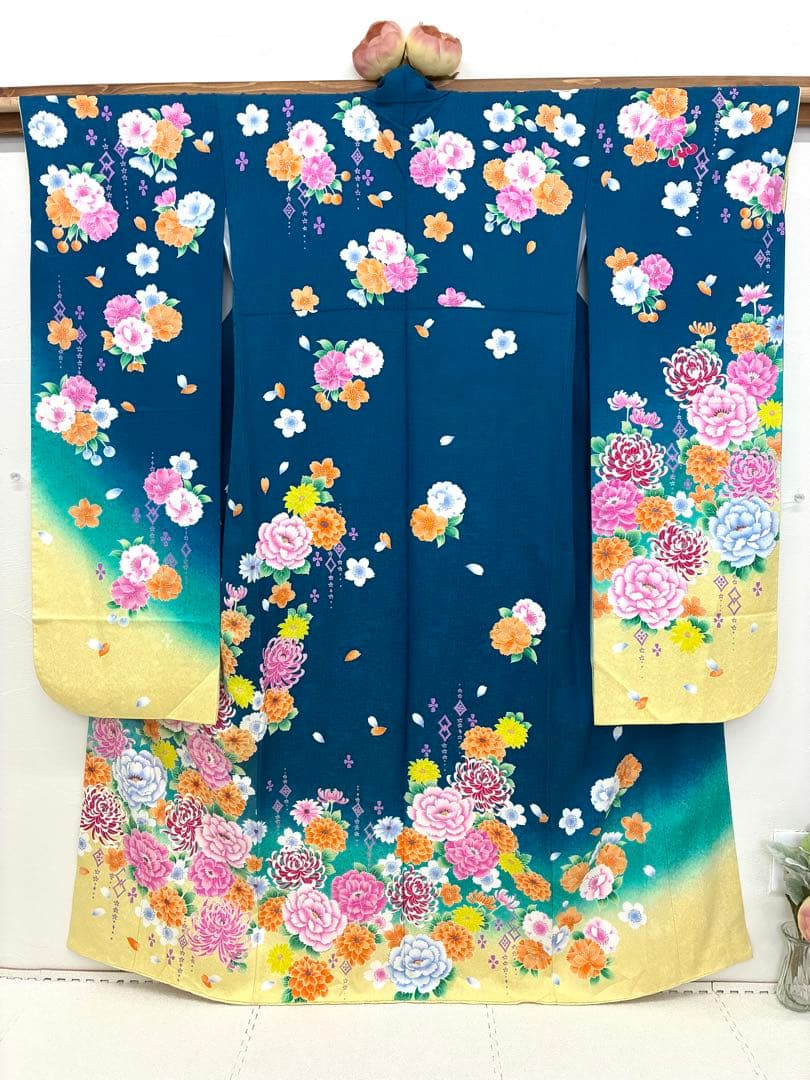 成人式　振袖フルセット　1138 渋み青色　　正絹　振袖　格安！