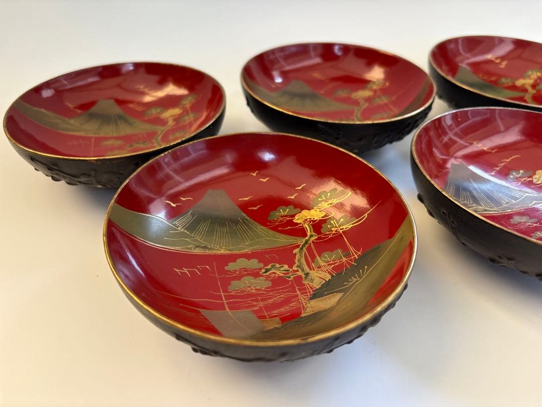 明治、大正期　会津塗　鉄錆塗　蒔絵　富士山　木製　蓋付き　お椀　梅鶯　内朱　5客