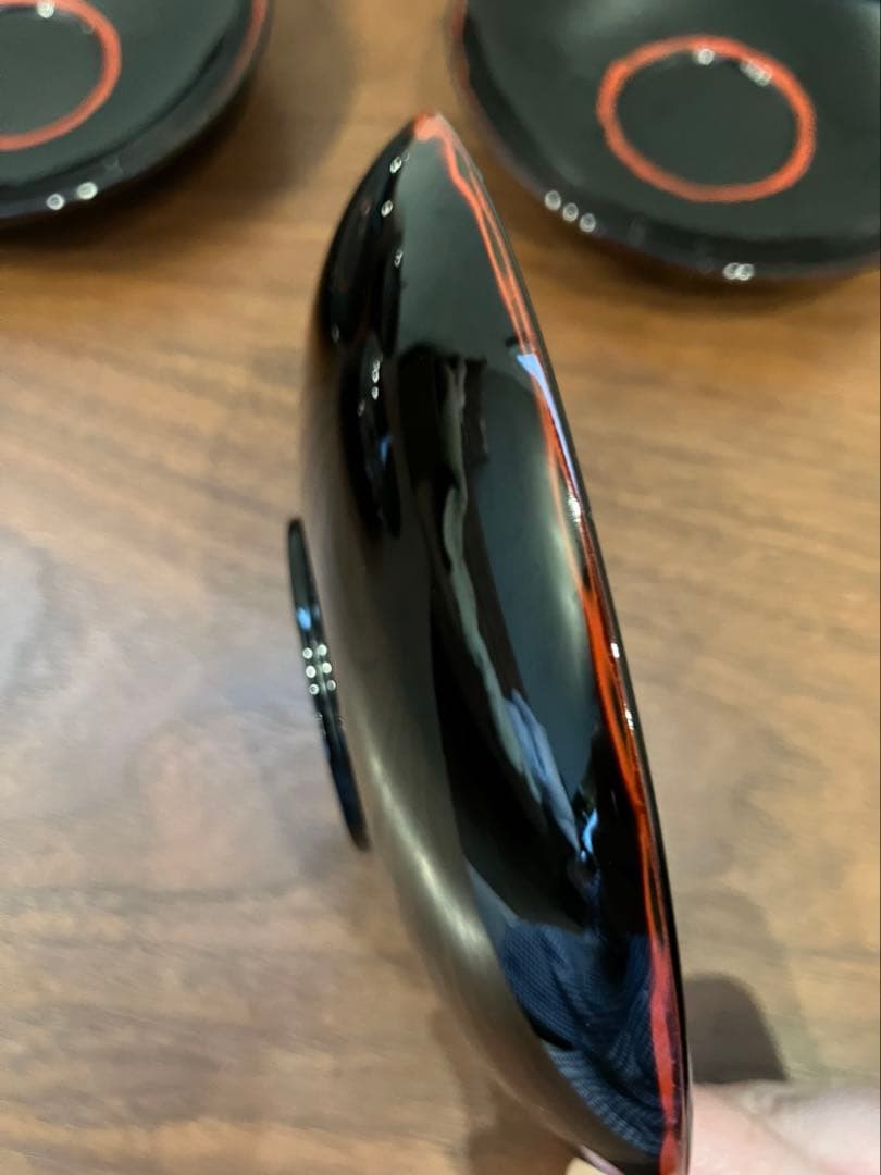 茶托　漆塗　 5枚セット　黒　赤縁取り　14cm