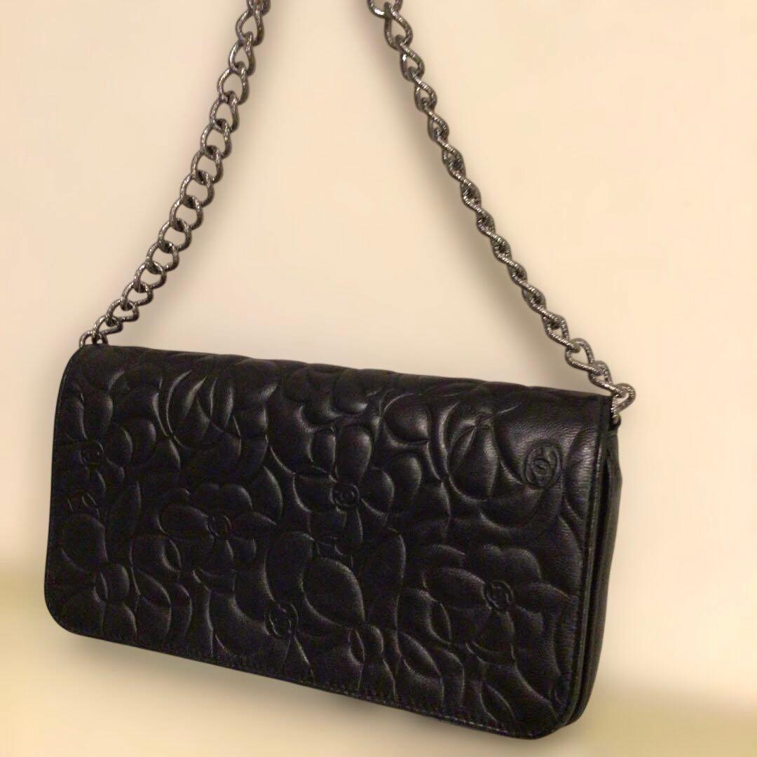 シャネル　カメリア　パーティーバッグ　チェーンウォレット　黒　アクセサリーポーチ