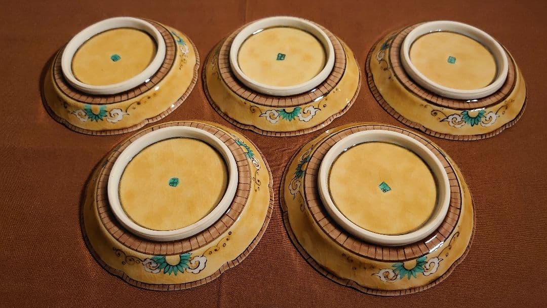 古九谷　九谷焼　青九谷　吉田屋　豆皿　蔵出し　輪華皿　華の図　５種　５客