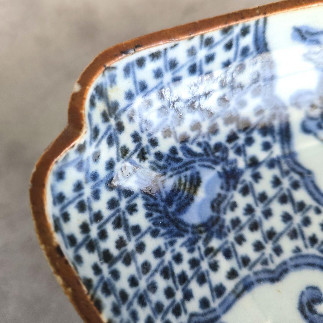 古伊万里　染付　変形皿　型紙摺　印判　龍　骨董　アンティーク　金直し　金継ぎ