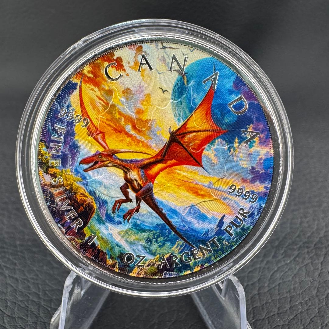 100枚限定！ メイプルリーフ 銀貨 カラー 翼竜 プテラノドン 恐竜 1オンス