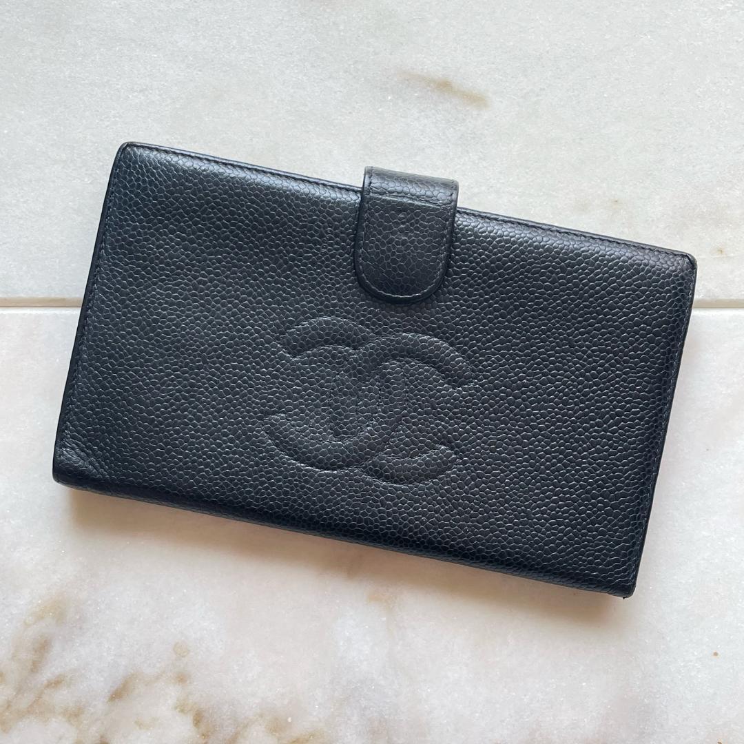 ■599 CHANEL シャネル キャビアスキン かまぐち長財布 黒 ココマーク