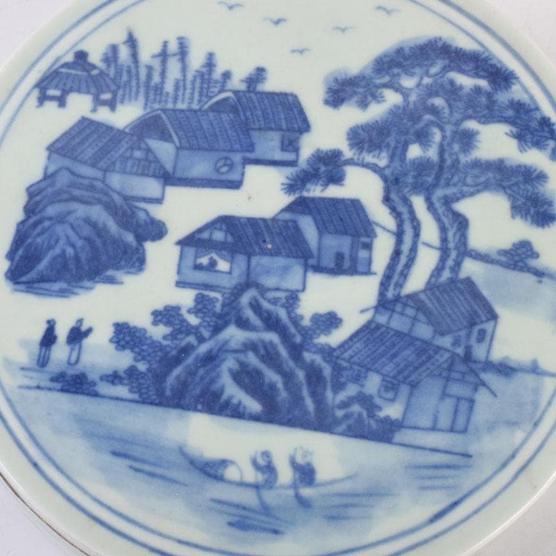 中国　書道具　青花　山水文　円式陶硯　V　8477