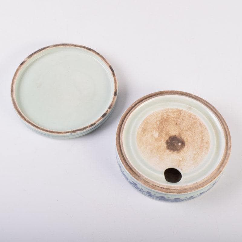 中国　書道具　青花　山水文　円式陶硯　V　8477