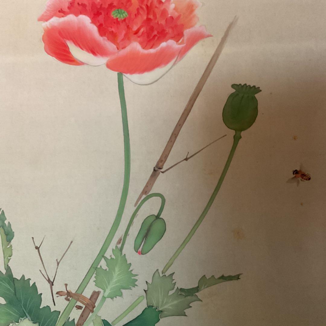 梅 荘 作 絹本 彩色 密画 《 芥子の花図 》 共箱 軸先鹿軸