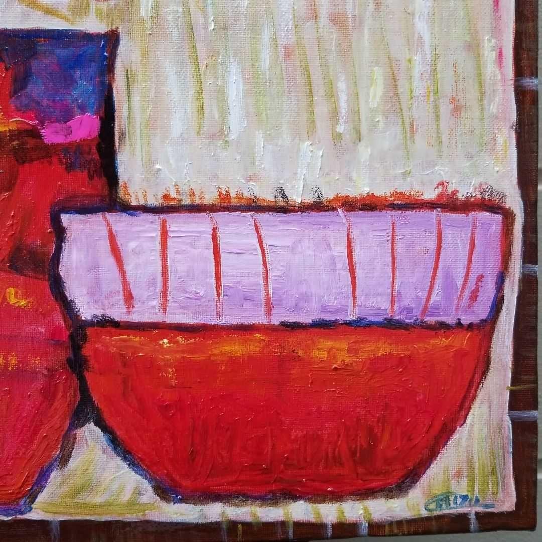 油絵　よっこ　ふたつのうつわと青い花