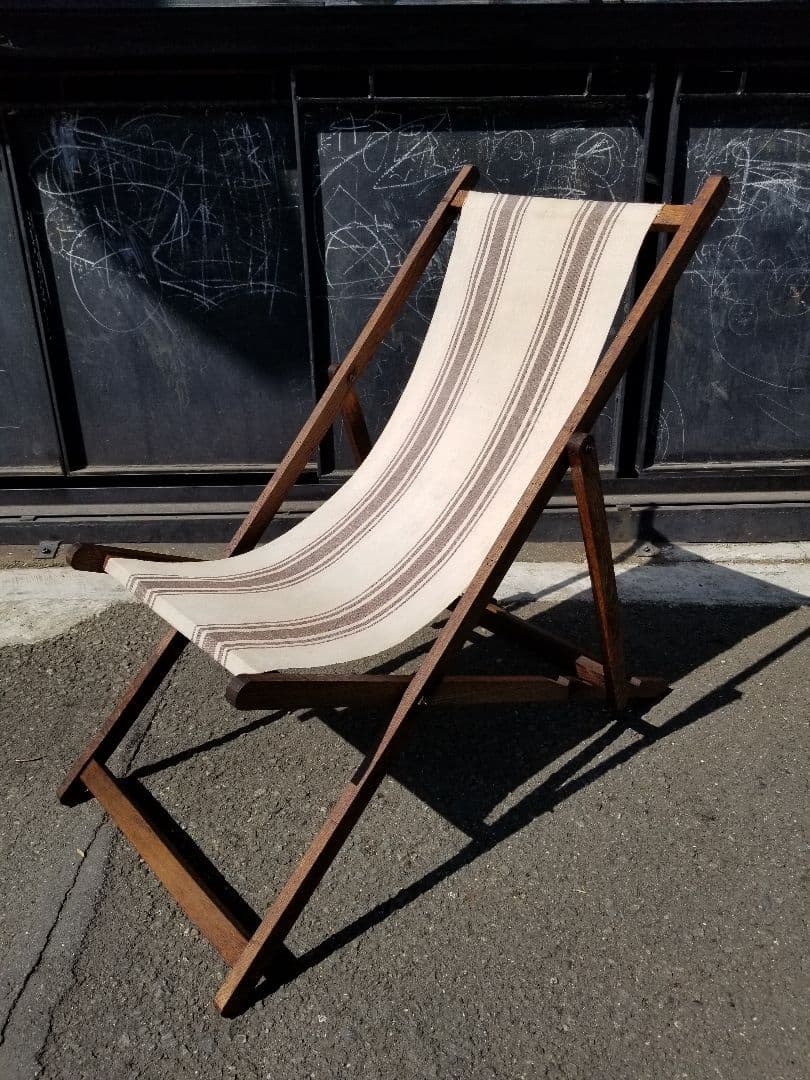 1960年代　ヴィンテージ　縞柄　帆布　オーク材　ストライプ　ロッキングチェア