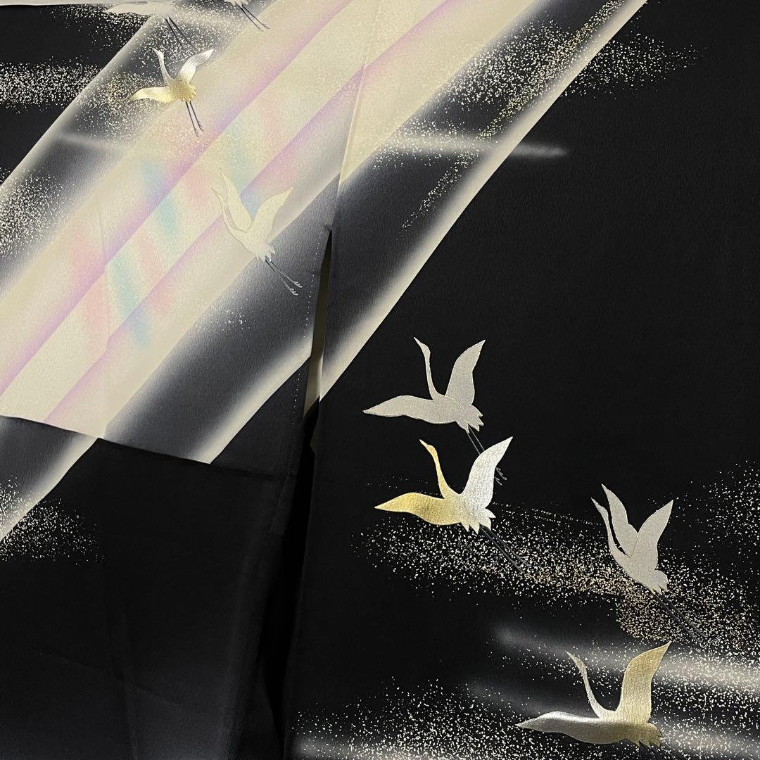 D769 振袖　松本幸四郎　黒地　鶴　桜　正絹　着物　袷　極美品