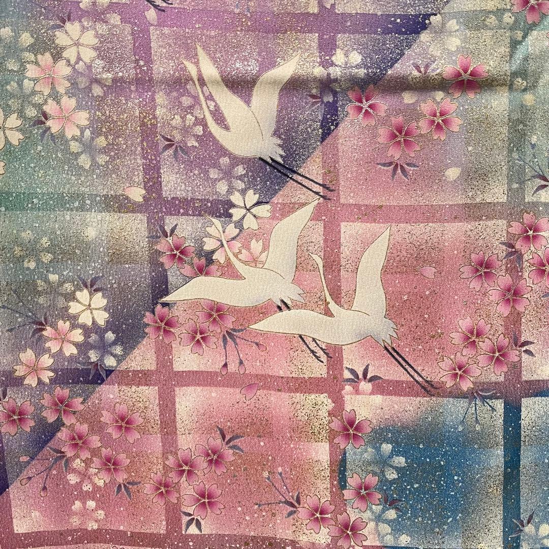 D769 振袖　松本幸四郎　黒地　鶴　桜　正絹　着物　袷　極美品