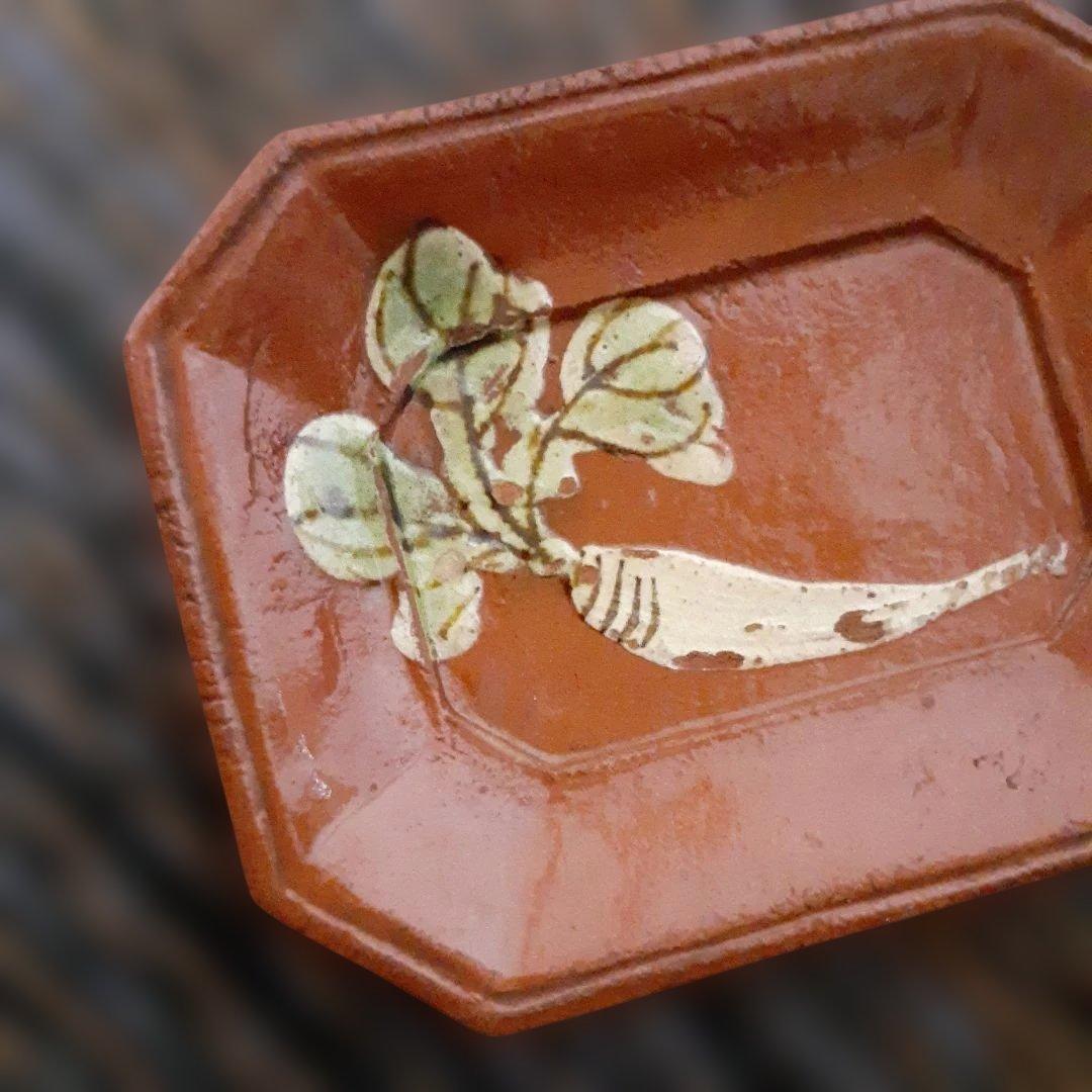 江戸骨董隅切長方豆皿「霞晴山」銘京楽焼/手描大根変形皿/モース·ボストン美術館