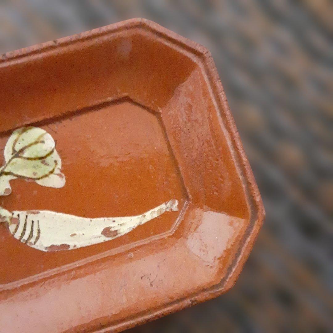 江戸骨董隅切長方豆皿「霞晴山」銘京楽焼/手描大根変形皿/モース·ボストン美術館