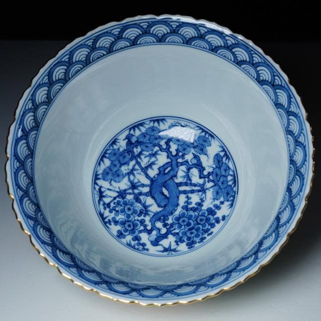 久世久宝　青金襴手牡丹唐草菓子鉢　共箱　茶道具　菓子器　京焼　染付　磁器