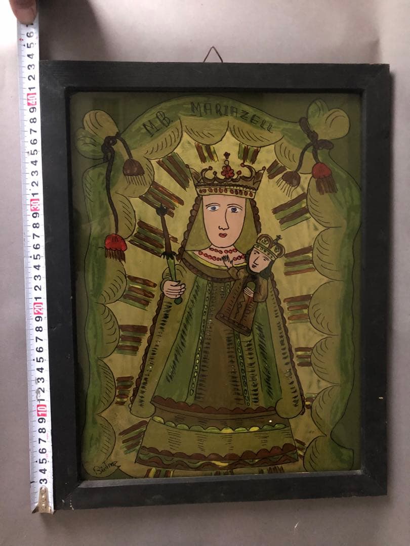 ルーマニア　ガラスイコン　聖母子像　アンティーク　宗教画　キリスト教