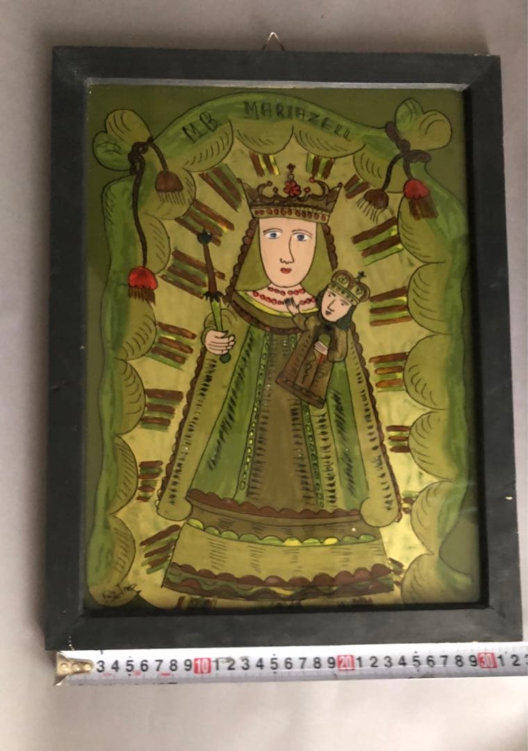 ルーマニア　ガラスイコン　聖母子像　アンティーク　宗教画　キリスト教