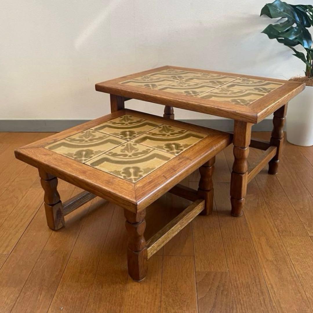 ヴィンテージ　ルーマニア　タイルトップ　ネストテーブル　オーク　サイドテーブル