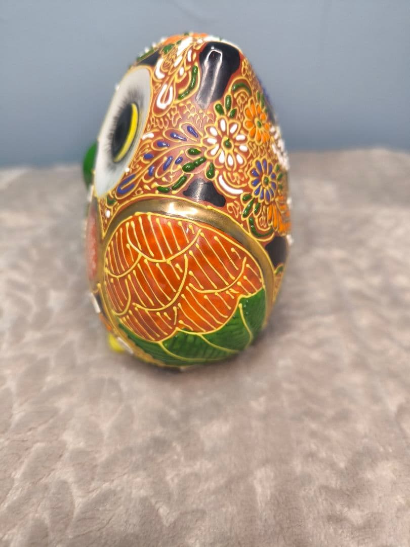 九谷焼　ふくろう　梟　置物　縁起物　黄色　風水　イエロー　金彩　色絵