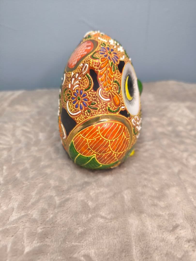 九谷焼　ふくろう　梟　置物　縁起物　黄色　風水　イエロー　金彩　色絵