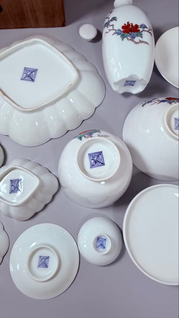 大正～昭和初期　十二代　酒井田柿右衛門　牡丹鳳凰画　揃物　渦福　共箱　合資会社