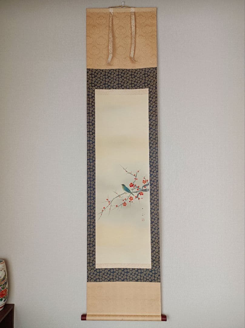 美品 軸 開運 福 おもてなし 絵 幸運 青鳥 花 茶 中国 美術 インテリア