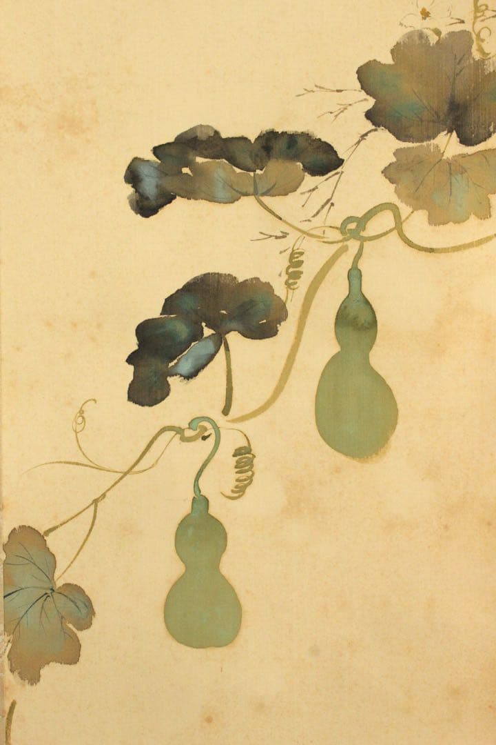 No5449 掛軸　矢野橋村　瓢箪画賛　絹本着色　合箱　古画　古美術　送料無料