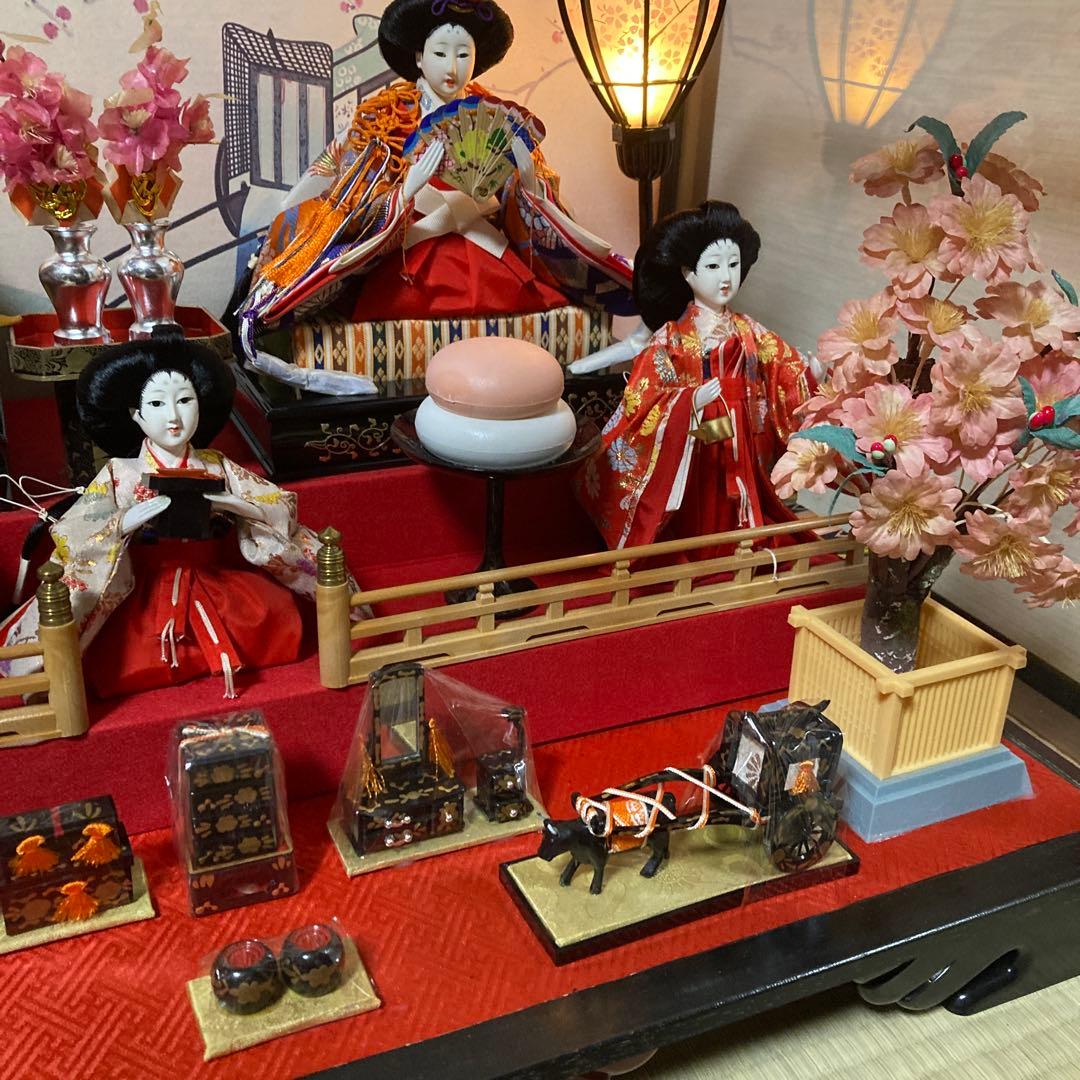 雛人形　ガラスケース入り　オルゴール付き　電気付　専用段ボール　三人官女