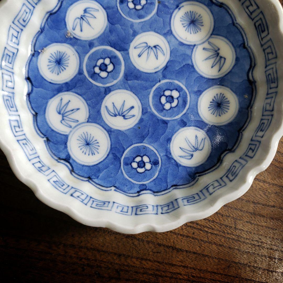 小皿　染付　花弁縁　丸窓　松竹梅　縁文　雷文　訳あり　明治　大正　古伊万里　ロ号