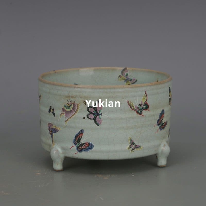 蝶恋花三足香炉 陶磁器 現代工芸品 美術品 装飾品 置物