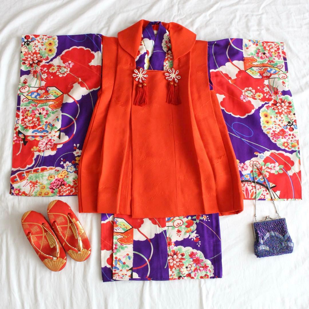 七五三 3歳 女の子 子供 アンティーク 正絹 着物 被布 ビーズバッグ セット