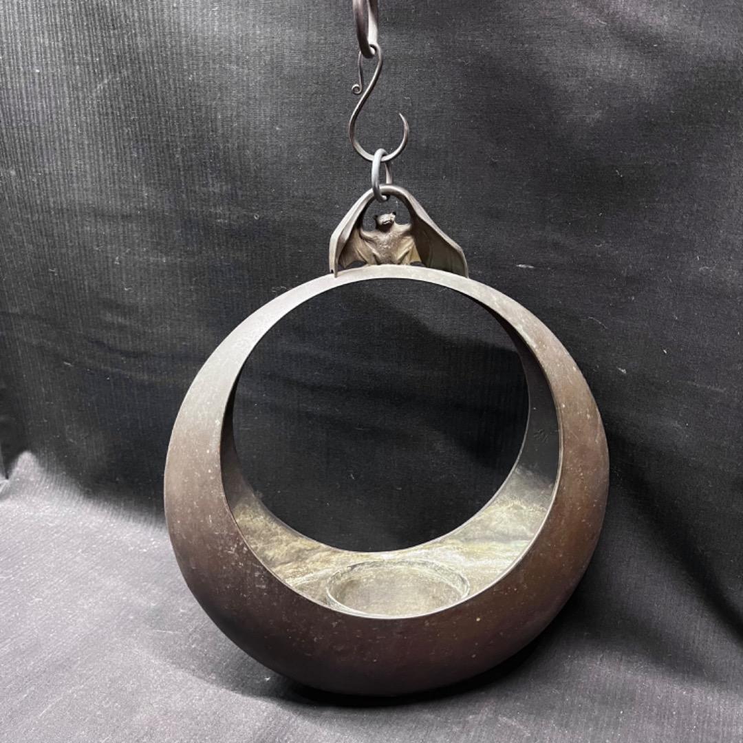 ▽Ec左1017 銘あり 金属製 吊花入 蝙蝠