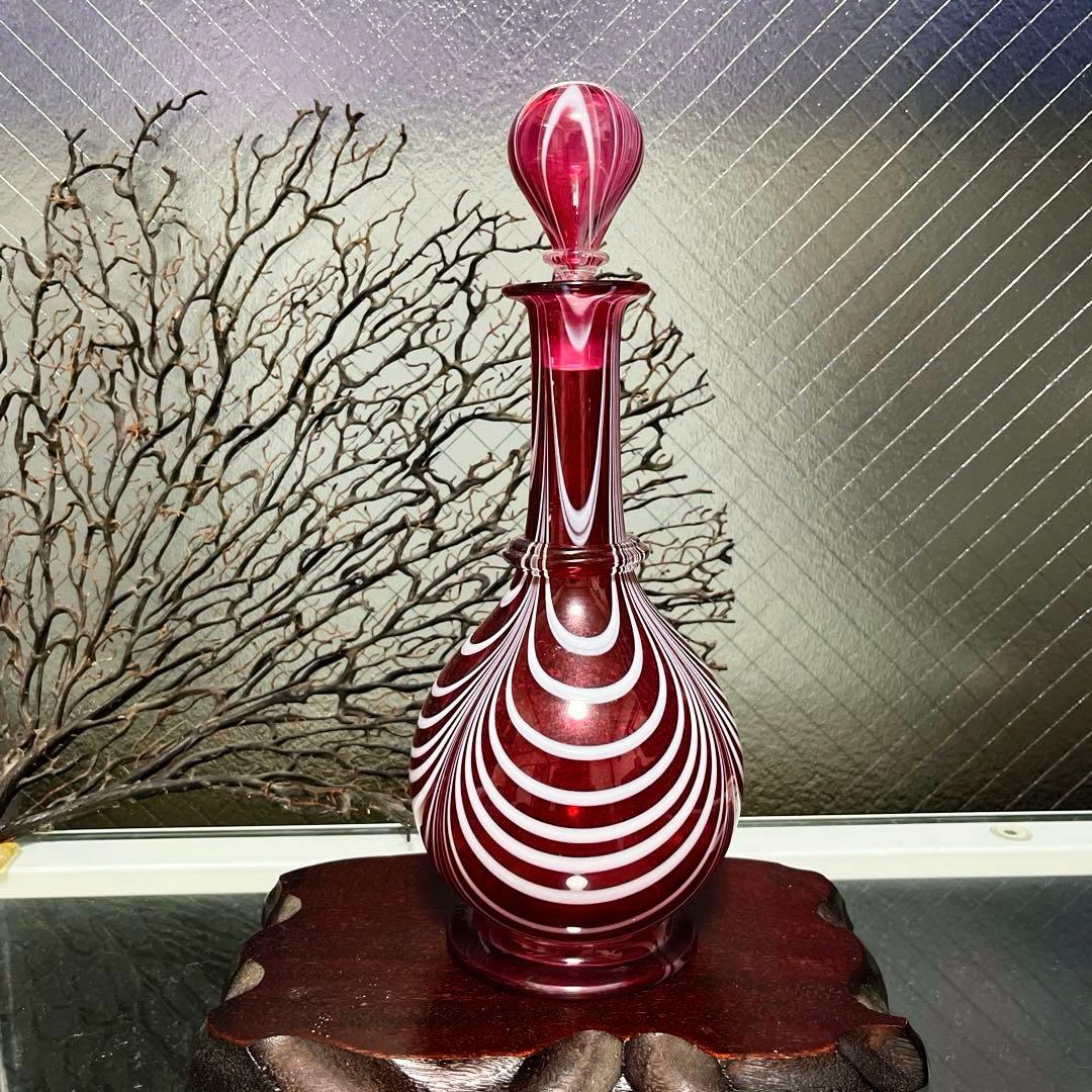 骨董　時代ガラス　希少　金赤ガラス　掻き揚げ紋　カラフェ　酒器　ウランガラス