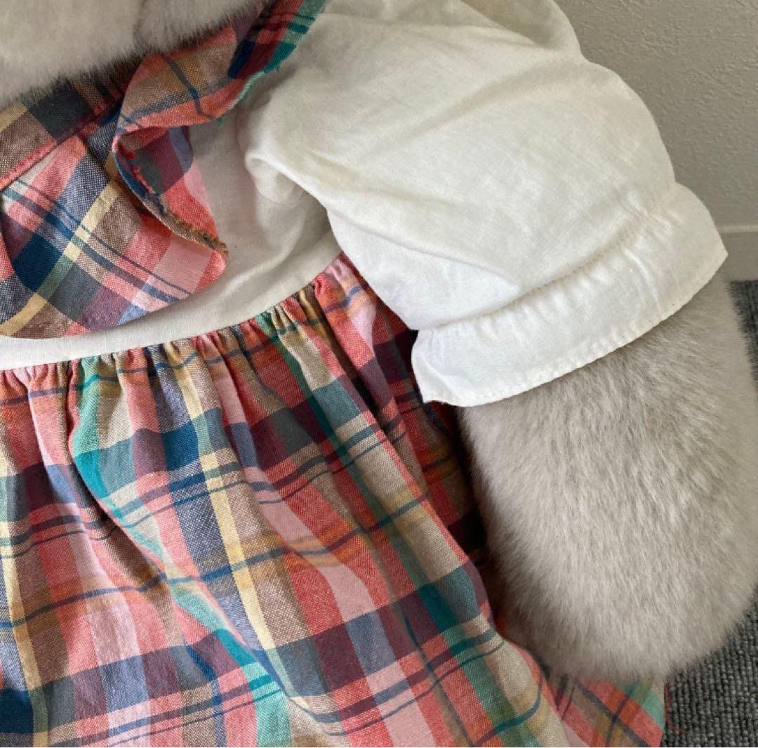 ★昭和レトロ★吉徳　グレーのうさぎ　ぬいぐるみ チェック柄ドレス