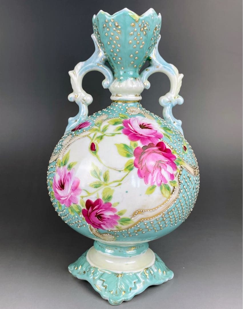 【希少】オールドニッポン 約２３cm アールヌーボー薔薇紋金盛り花瓶 ターコイズ