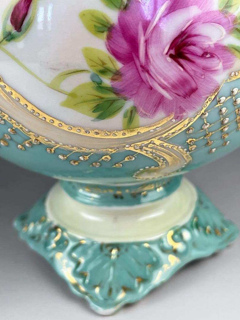 【希少】オールドニッポン 約２３cm アールヌーボー薔薇紋金盛り花瓶 ターコイズ