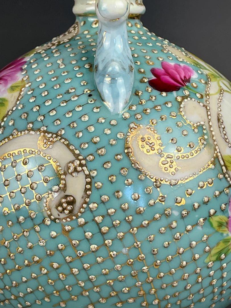 【希少】オールドニッポン 約２３cm アールヌーボー薔薇紋金盛り花瓶 ターコイズ